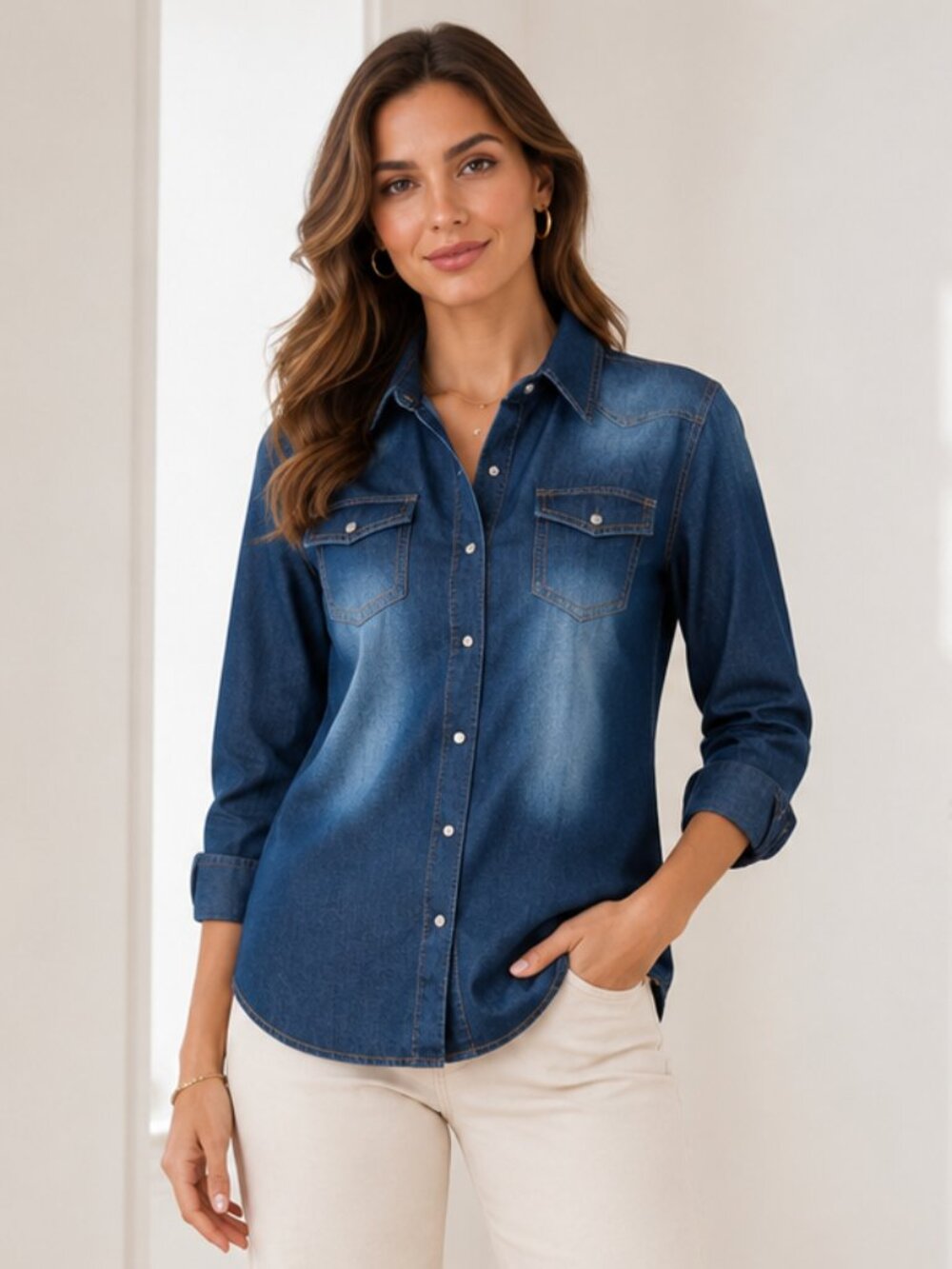 CI SONO Dark Blue Denim Snap Button Shirt Women’s Size Small